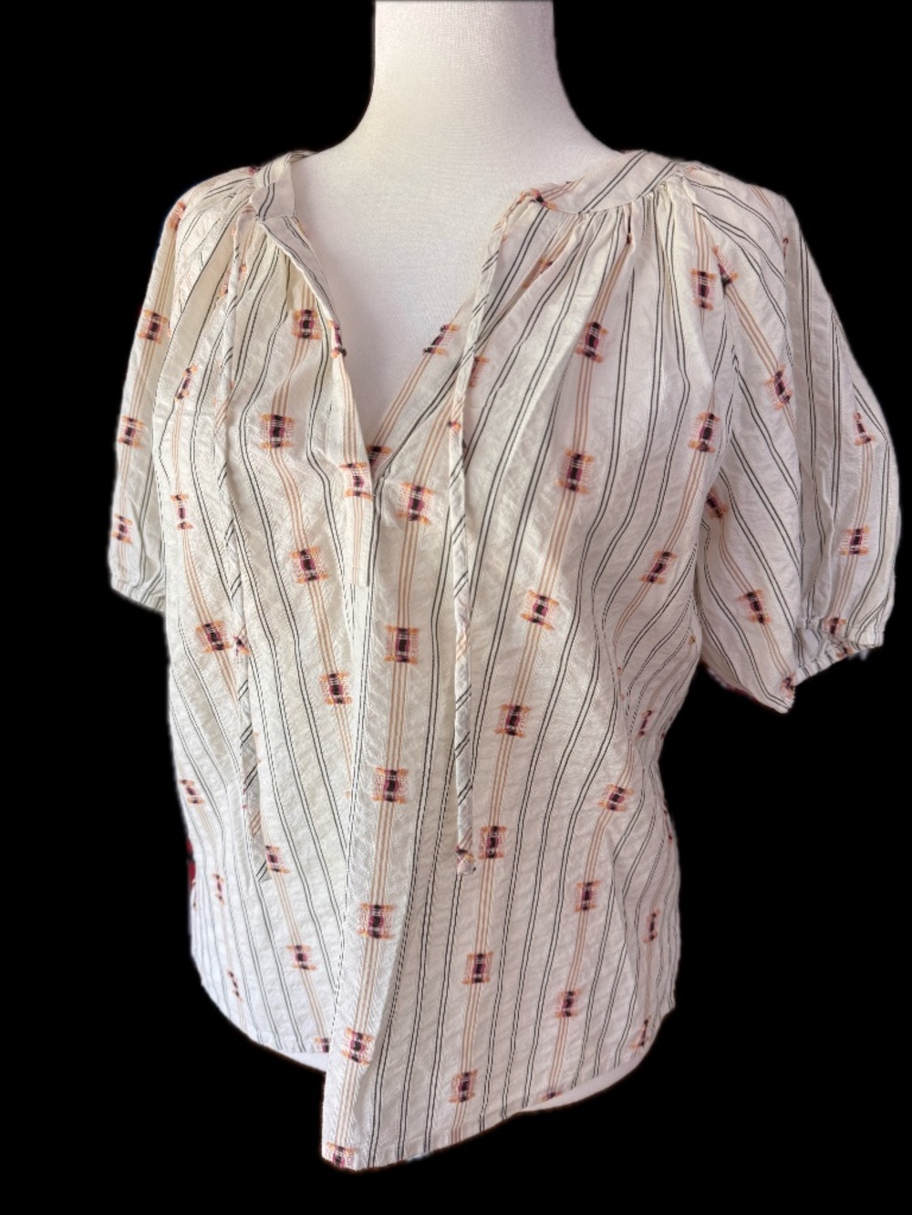 LOFT Striped Embroidered Peasant Blouse M Short Sleeve Cream Boho Top